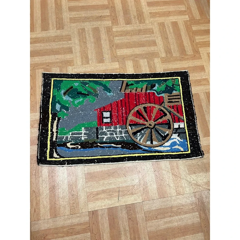 Vintage Latch Hook Rug Country Water Mill Scene Tapestry Cottage Farmhouse Decor